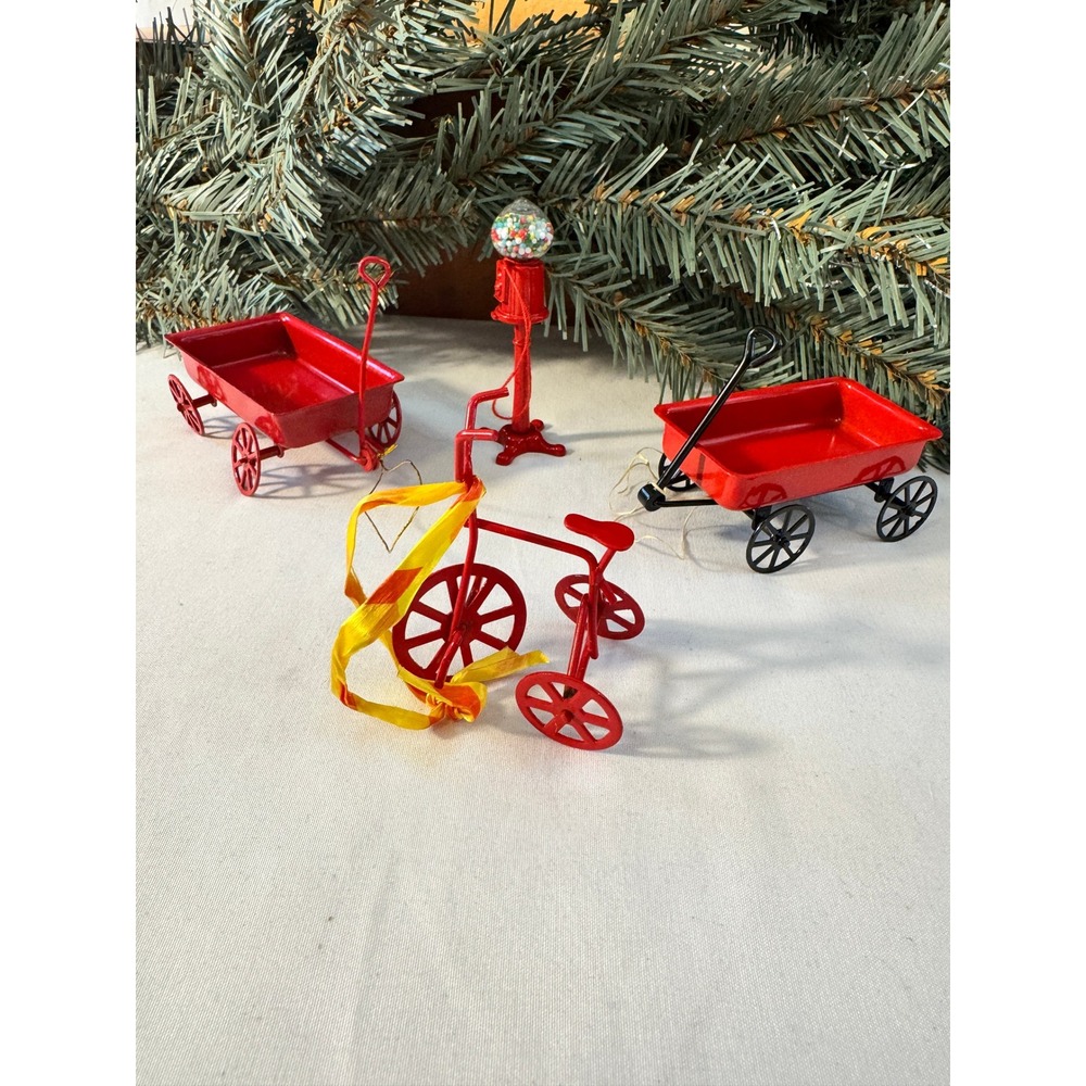 Miniature Toy Ornaments Red Metal Wagons Tricycle Gumball Set Vintage Retro